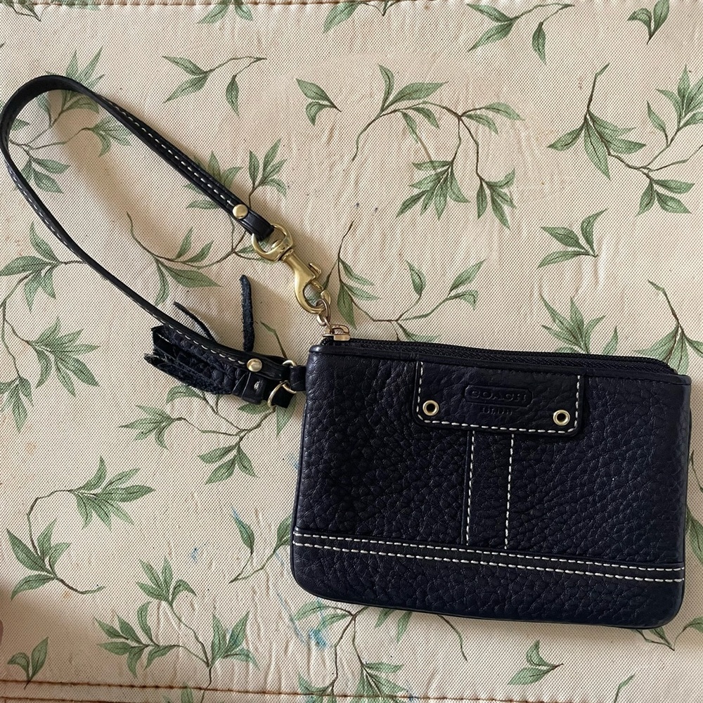Coach top zip black pebbled leather wristlet